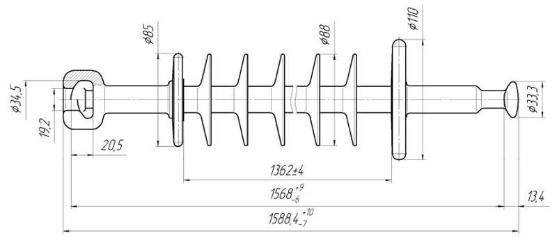 Изолятор линейный подвесной стержневой полимерный ЛКЦ 70-150-2